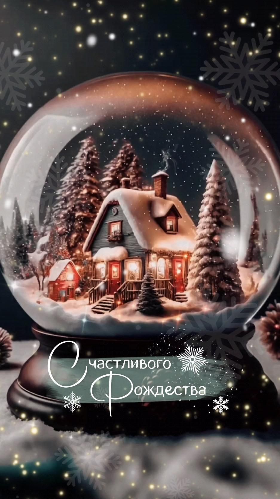 Открытка с Рождеством Христовым. Зимний пейзаж в елочной игрушке.