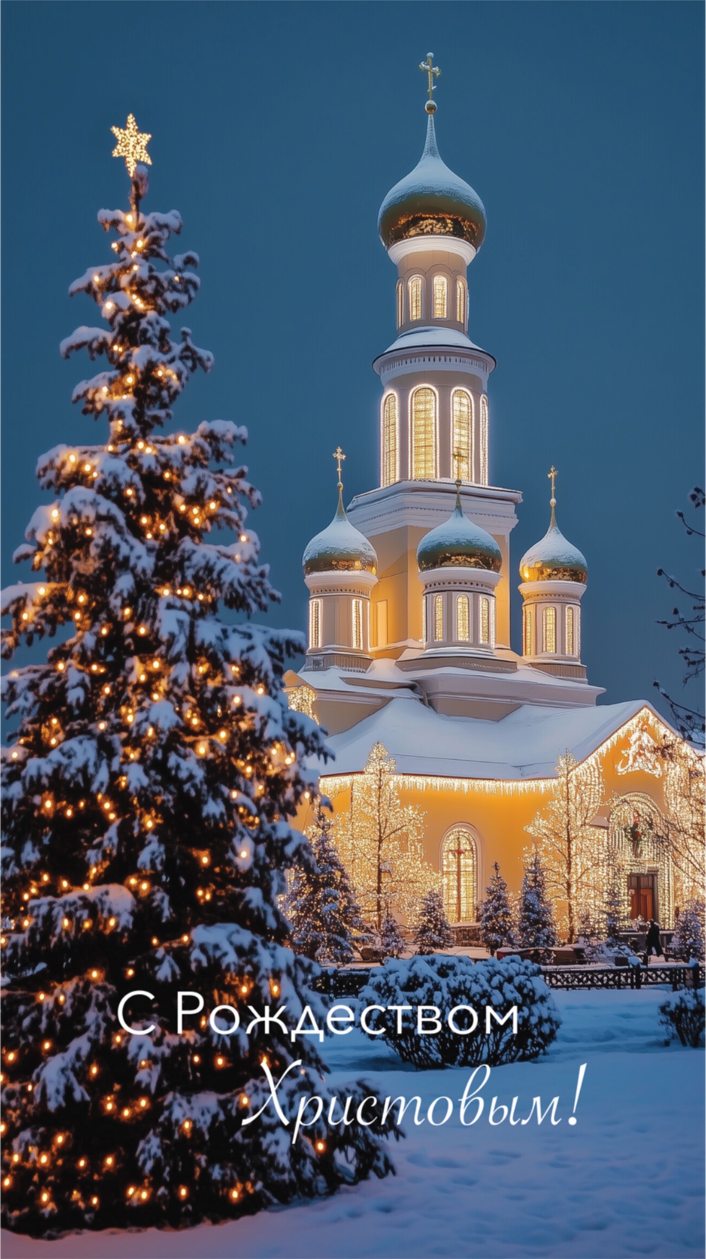 Открытка с Рождеством Христовым. Храм и елочка.