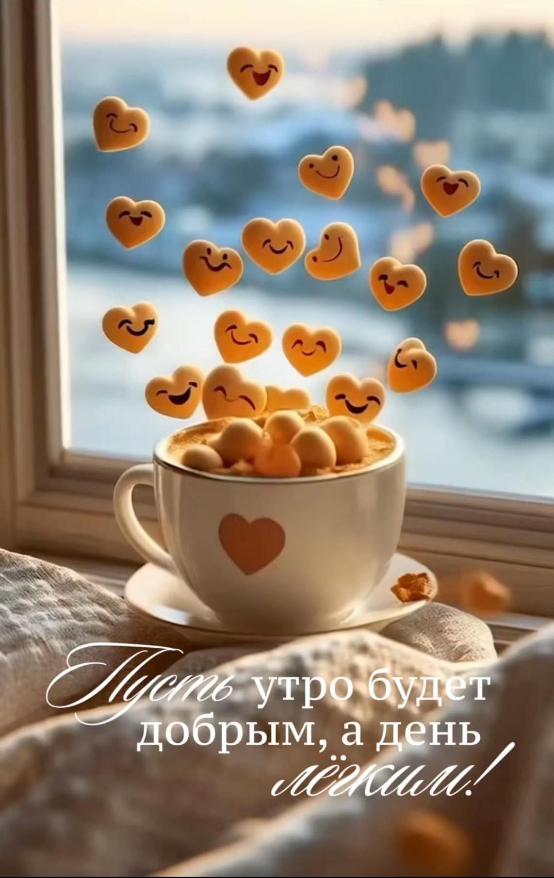 Открытка с добрым утром. Пожелания, сердечки-смайлики.