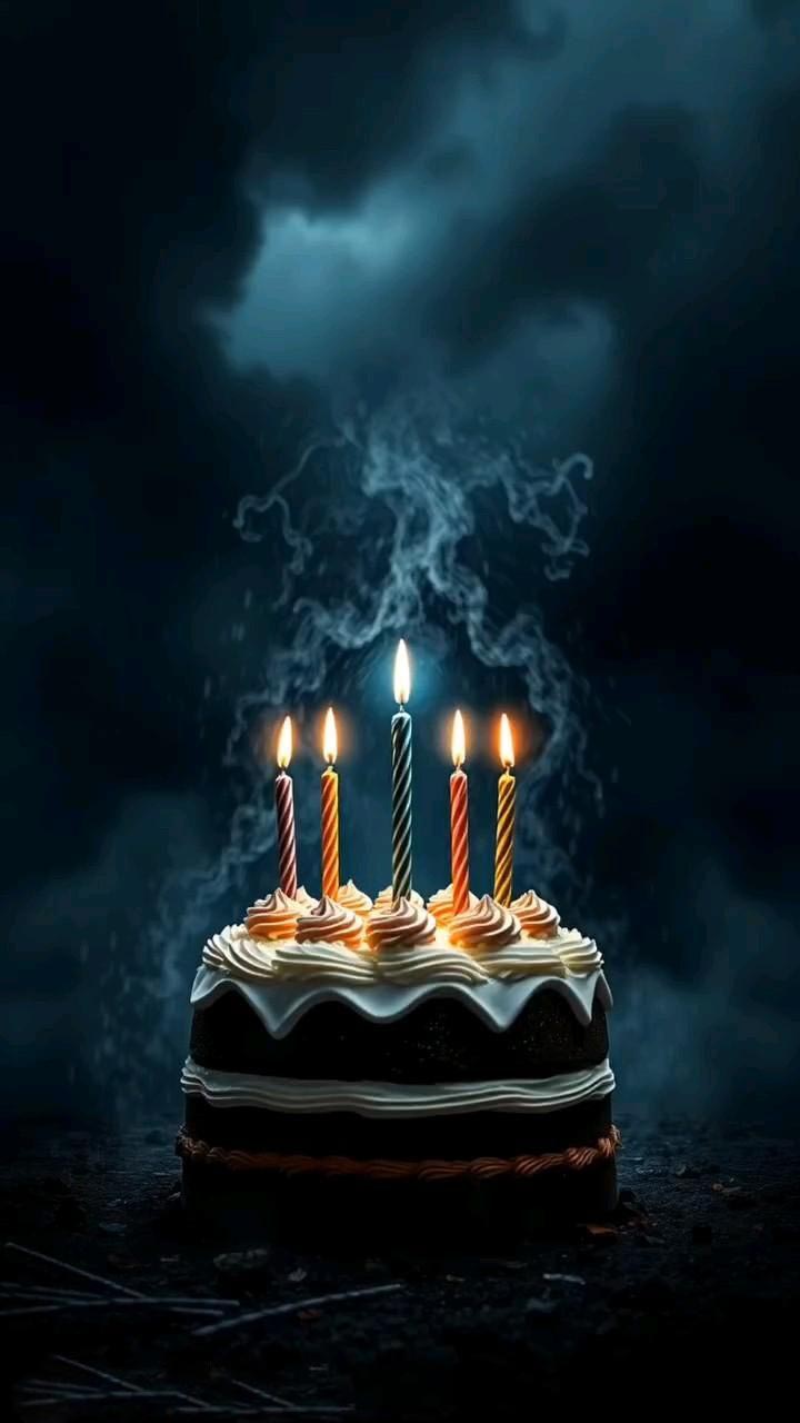 Открытка с днем рождения. Без текста. Тортик со свечками на фоне грозового неба.