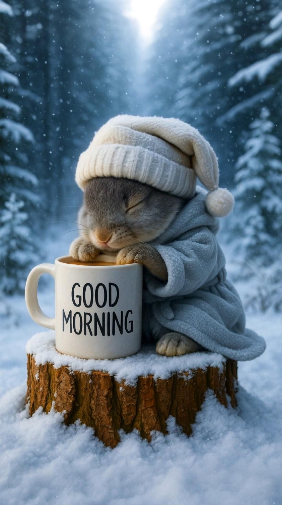 Открытка с добрым зимним утром на английском языке. Good morning. Зайчик с чашкой в зимнем лесу.