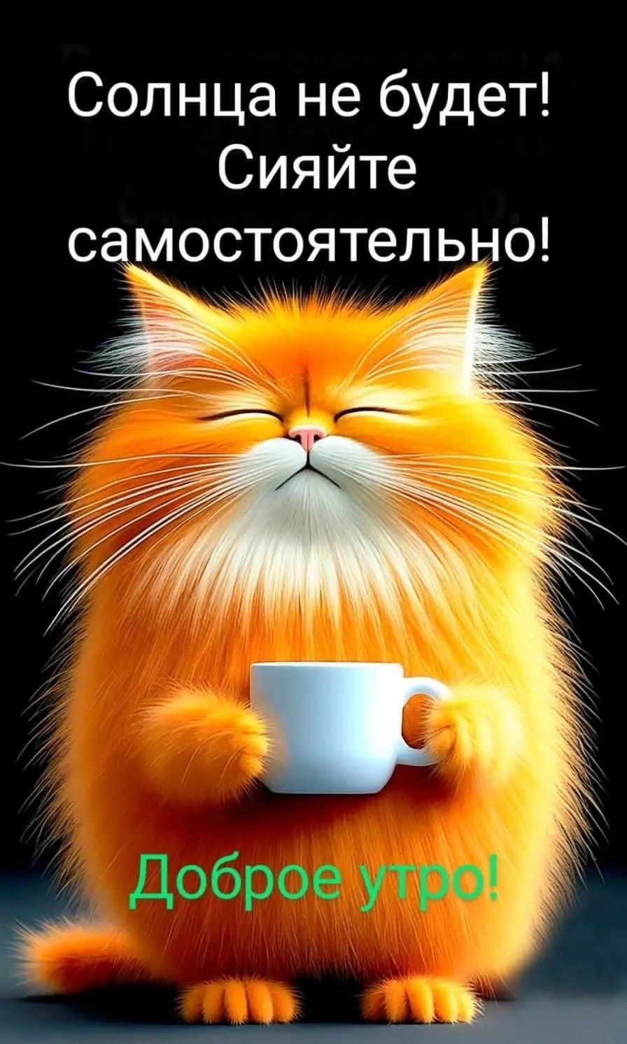 Открытка с добрым утром прикольная. Рыжий котик с чашкой, пожелания.