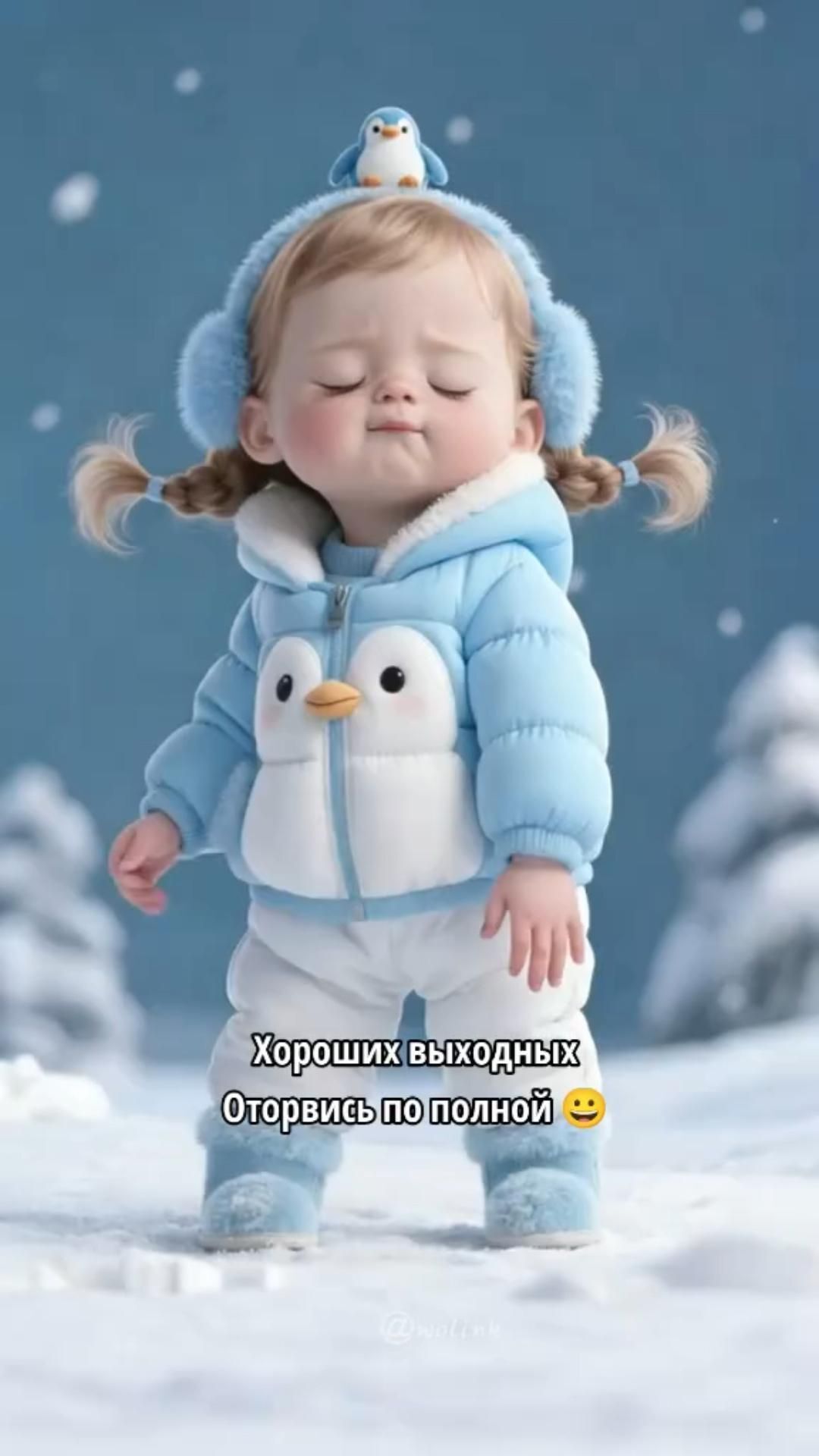 Открытка отличных зимних выходных. Девочка, снег, пингвинчик.