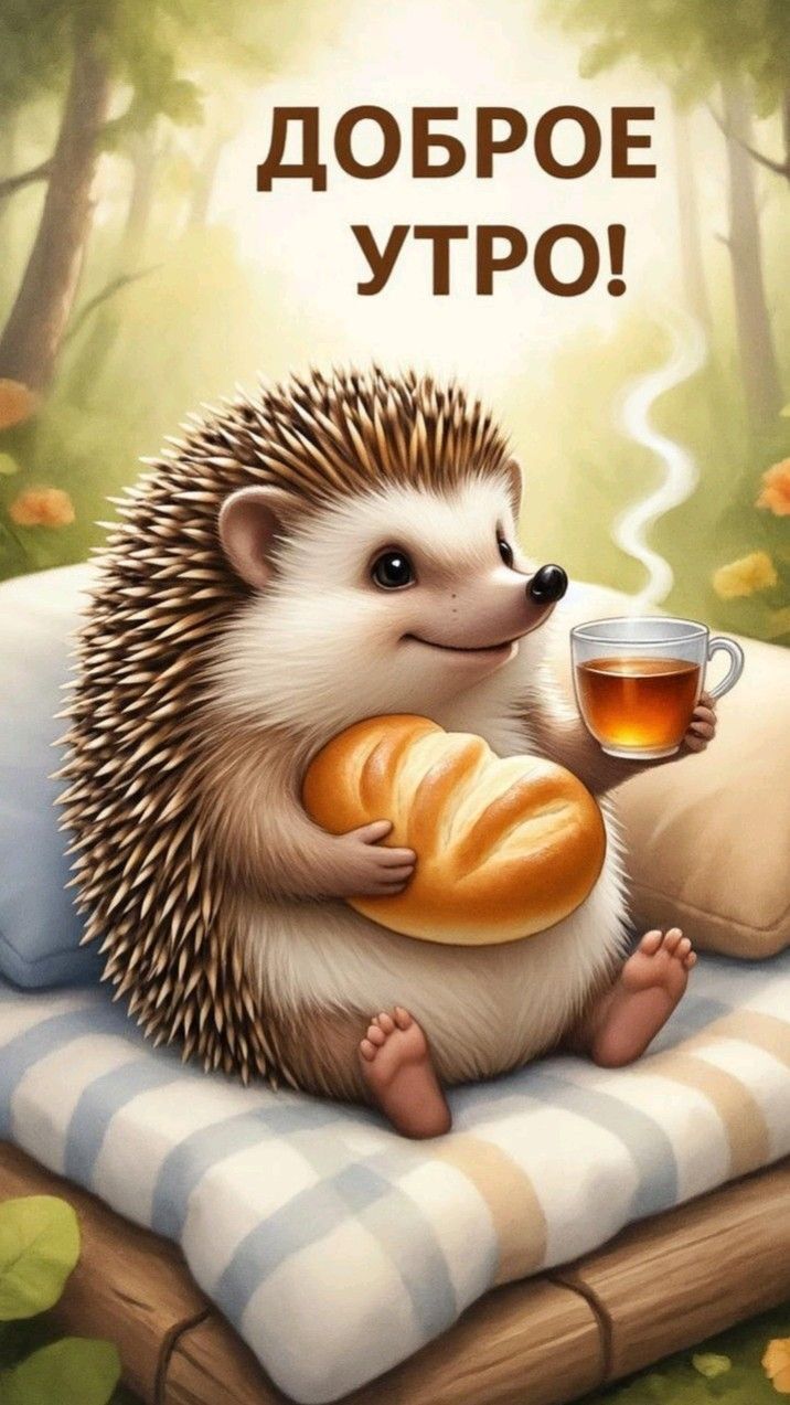 Открытка с добрым утром. Ежик пьет чай.