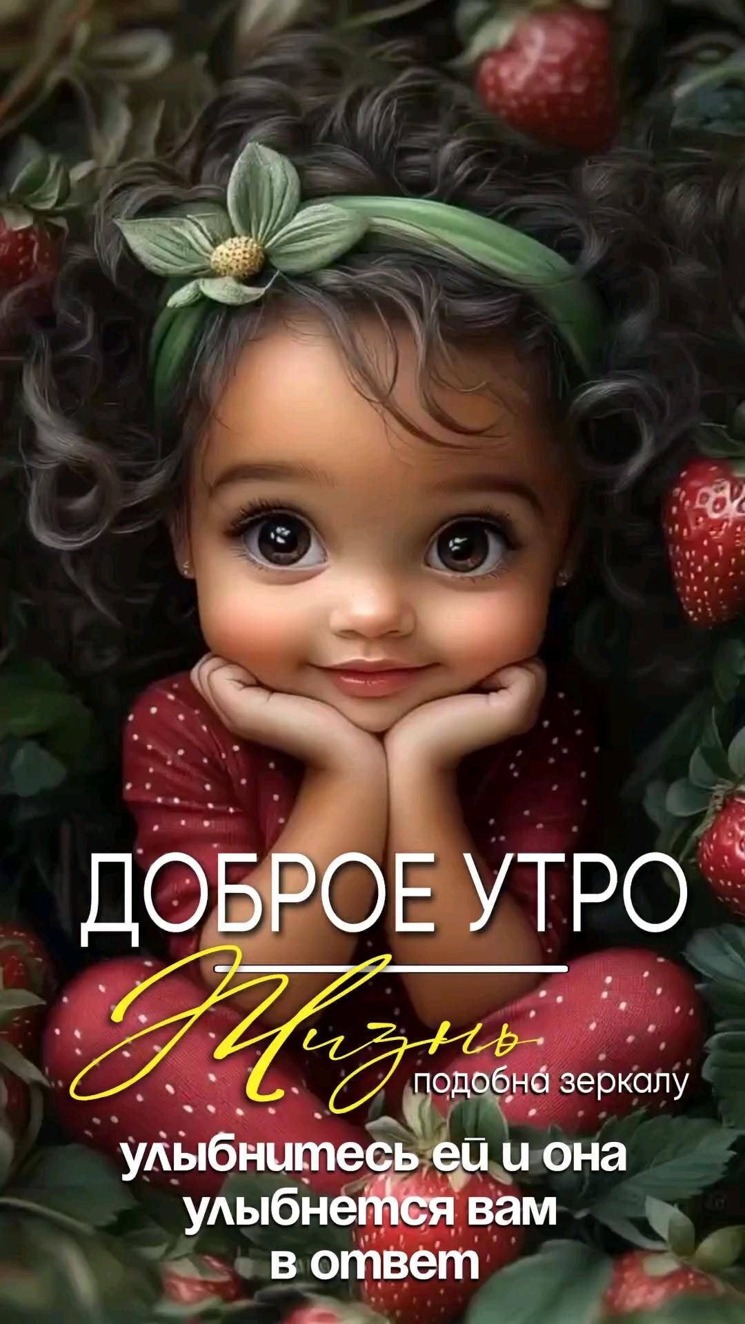 Открытка с добрым утром. Пожелания. Девочка, клубника.