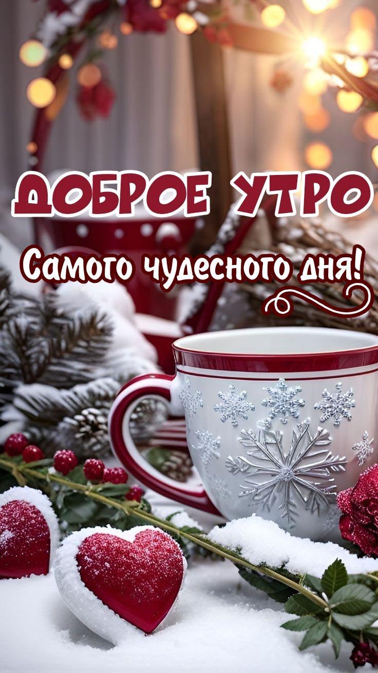 Открытка с добрым зимним утром. Чашка, еловые веточки.