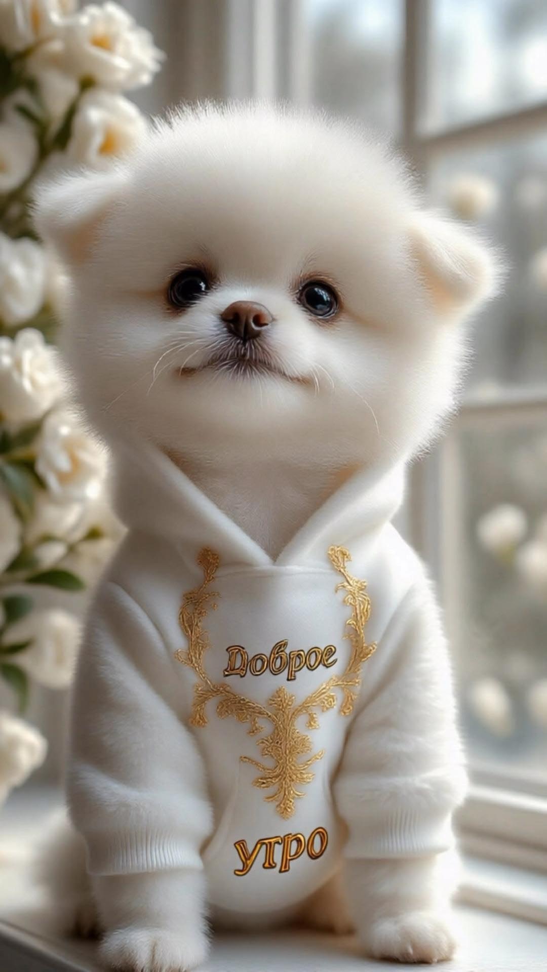 Открытка с добрым утром. Собачка, цветы.