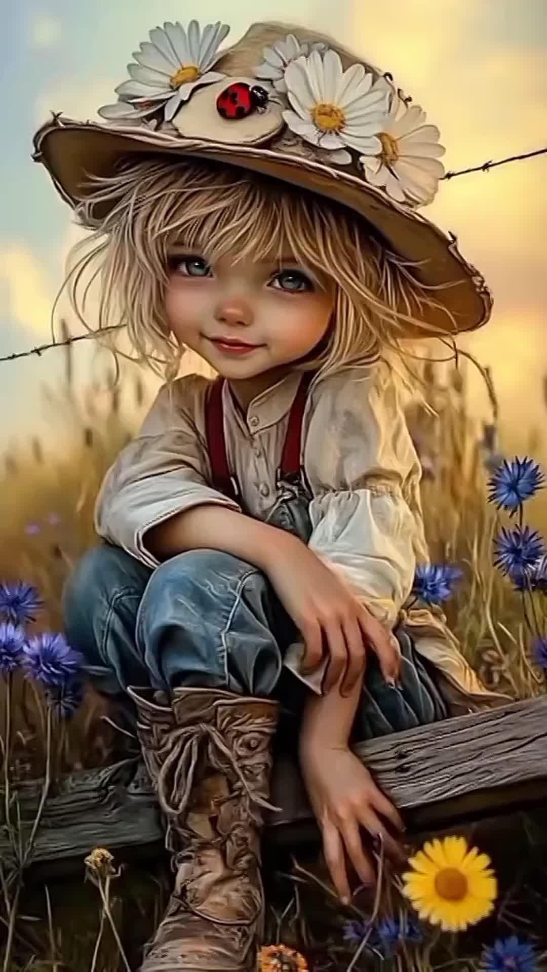 Открытка с днем рождения. Без текста. Девочка на природе, васильки.