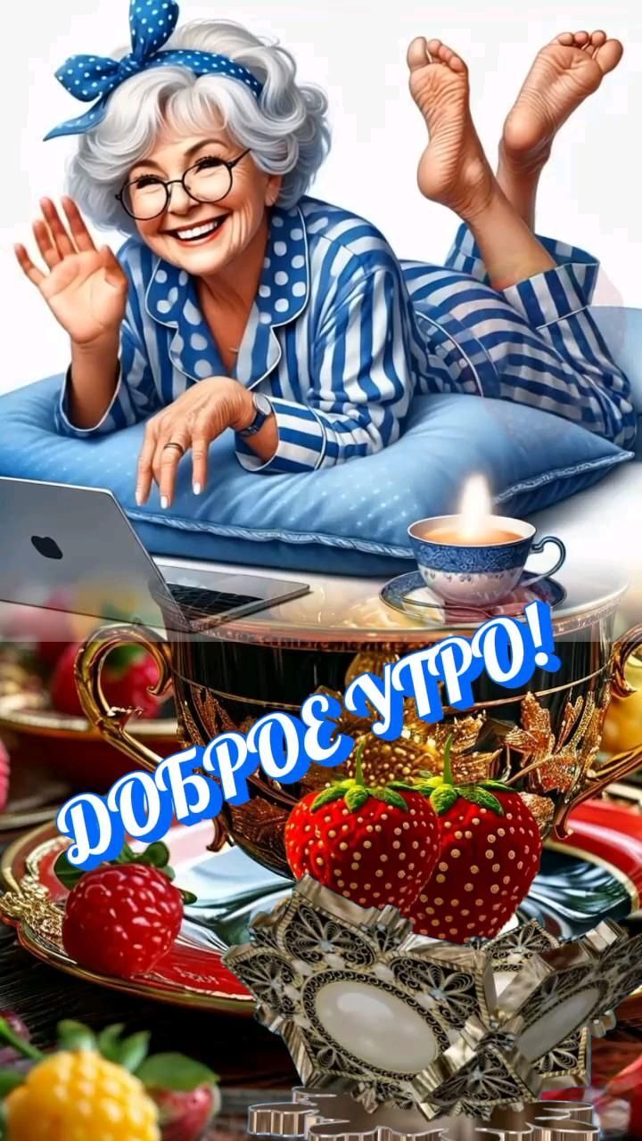 Открытка с добрым утром подруге. Женщина с ноутбуком.