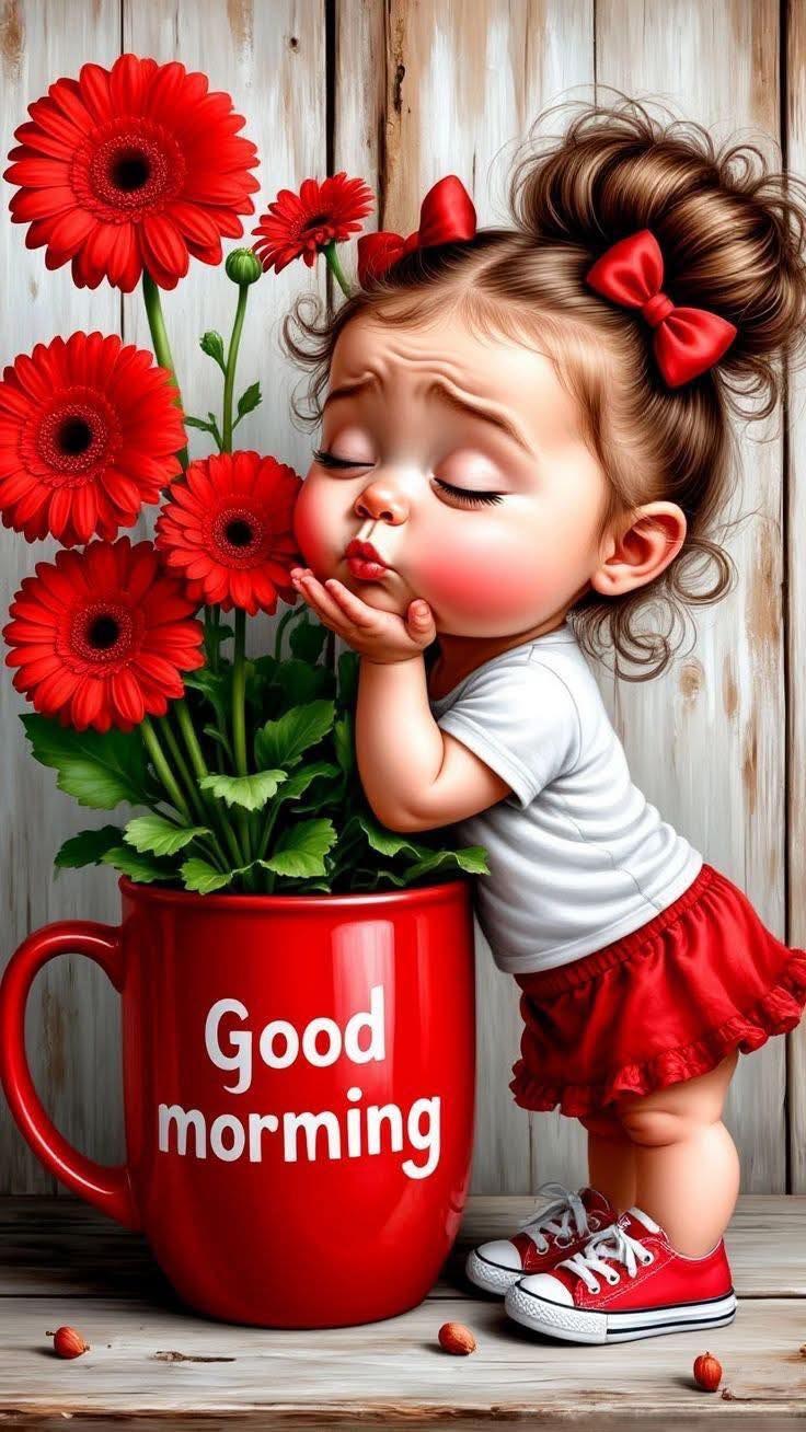 Открытка с добрым утром. На английском языке. Good morning. Девочка с красными цветами.