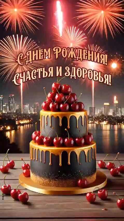 Открытка с днем рождения женщина. Огромный торт, салюты над городом.