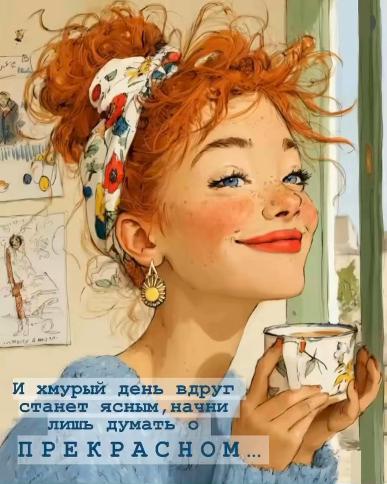 Открытка с добрым утром. Девушка с утренним кофе, стихи.