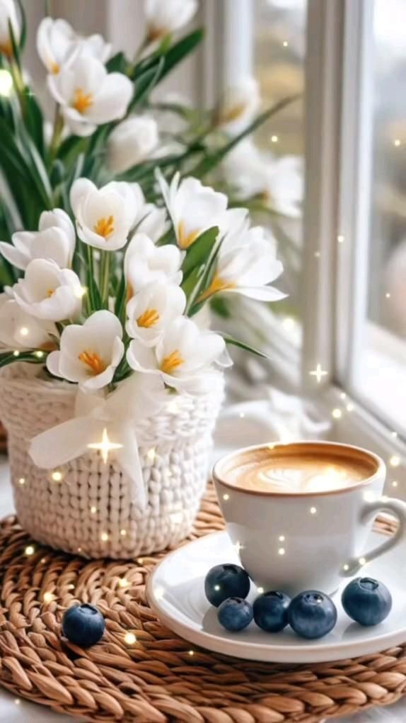 Открытка с добрым утром. Без текста. Кофе, ягоды, цветы.