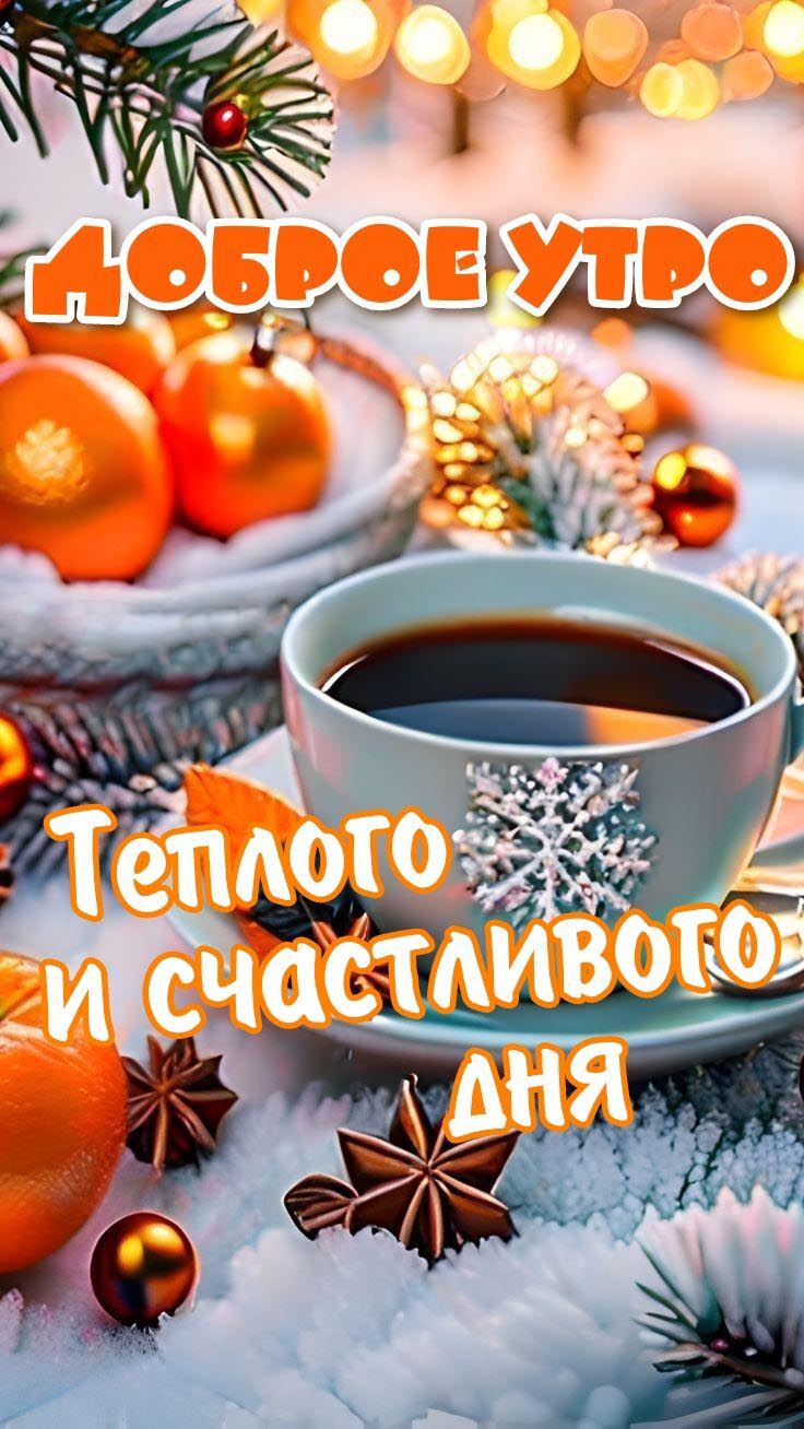 Открытка с добрым зимним утром. Кофе, еловые веточки.