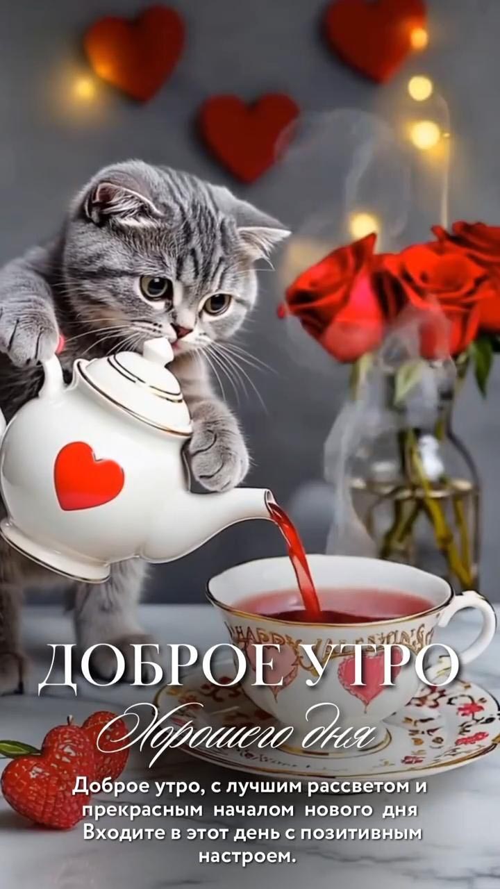 Открытка с добрым утром. Котик, цветы, сердечки.