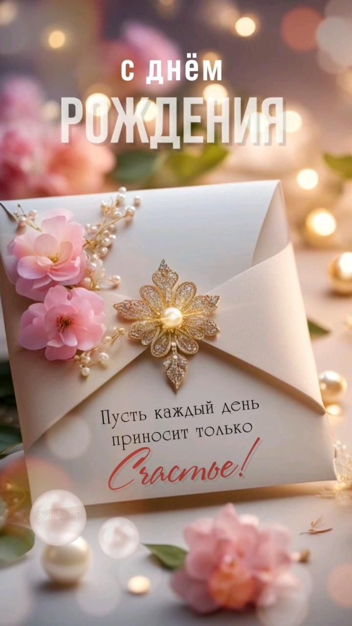 Открытка с днем рождения женщина современная стильная. Цветы, украшения.