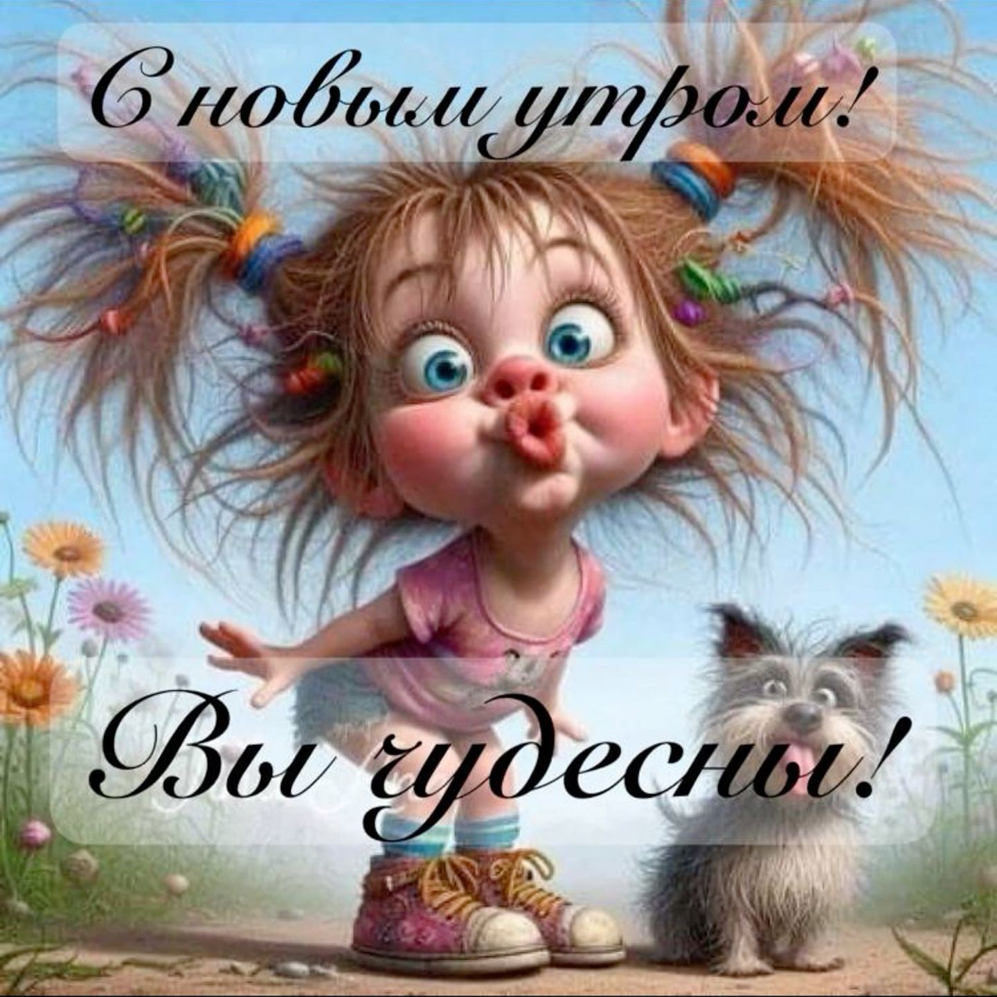 Открытка с добрым утром прикольная с юмором. Смешная девочка и собачка, цветы.