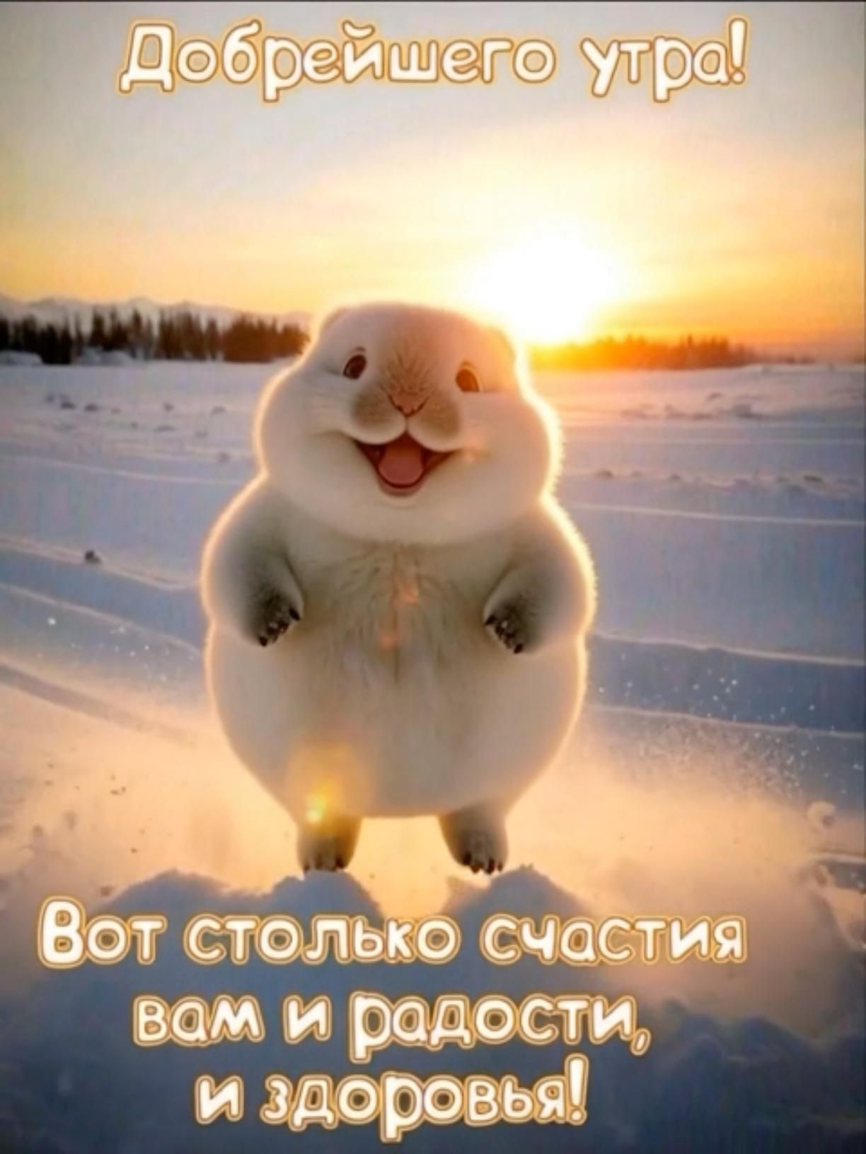 Открытка с добрым зимним утром прикольная. Пожелания, зверюшка на заснеженном поле.