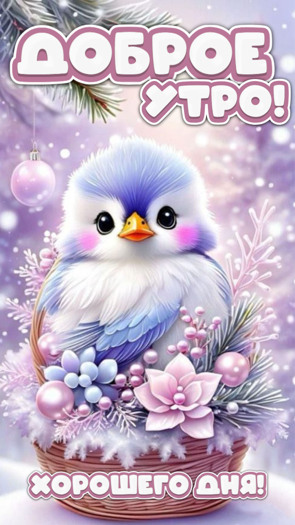 Открытка с добрым зимним утром. Птичка, снег.