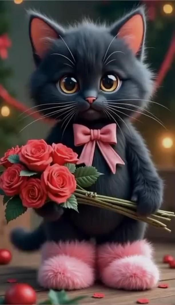 Открытка с днем рождения женщина. Без текста. Милый котенок дарит цветы.