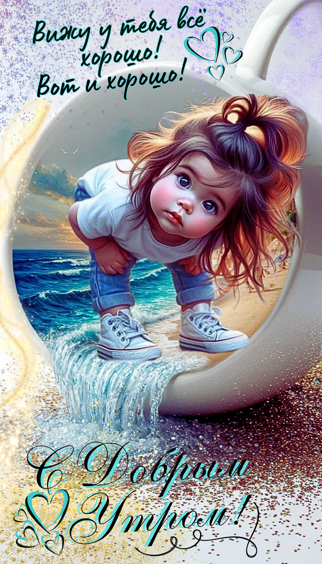 Открытка с добрым утром прикольная с юмором. Девочка, море.