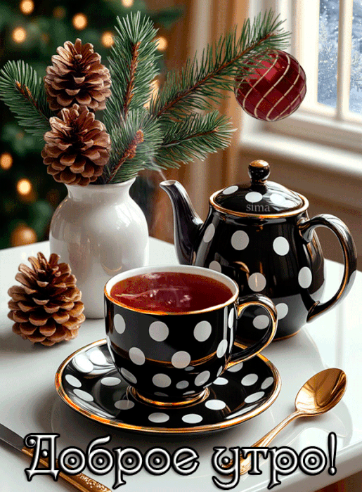 Открытка с добрым зимним утром gif анимационная. Чай, еловые веточки.