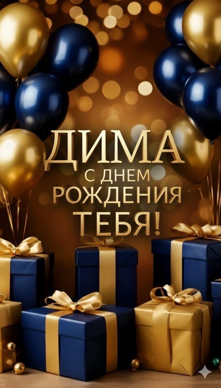 Открытка с днем рождения Дмитрий Дима. Подарки, шарики.