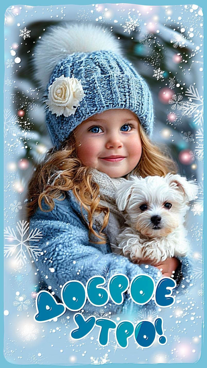 Открытка с добрым зимним утром. Девочка с собачкой.