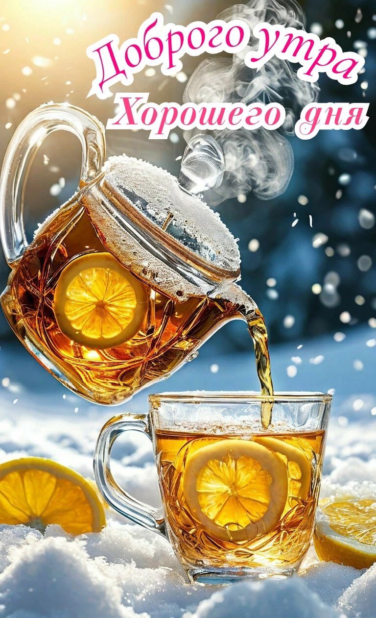 Открытка с добрым зимним утром. Чай с лимоном, снег.