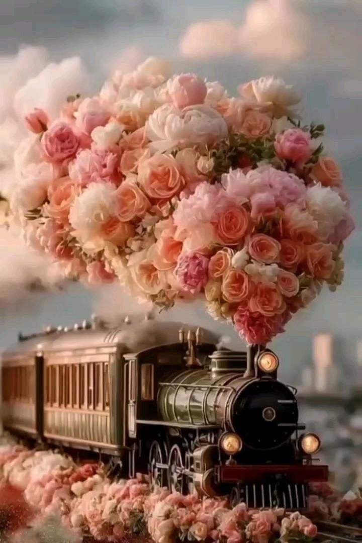 Открытка с днем рождения женщина. Без текста. Паровоз с дымом из цветов. Открытка с днем рождения женщина. Без текста. Паровоз с дымом из цветов.