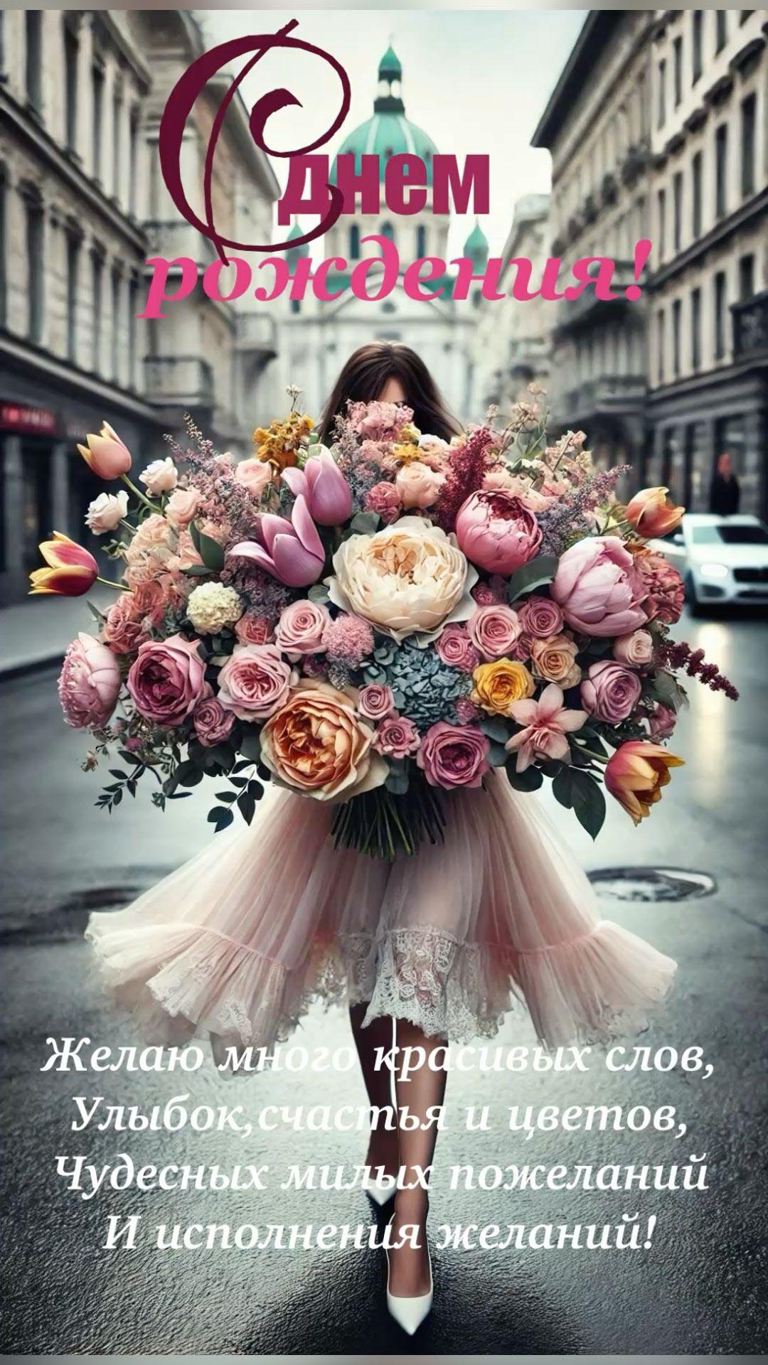 Открытка с днем рождения женщина. Девушка с цветами, пожелания.