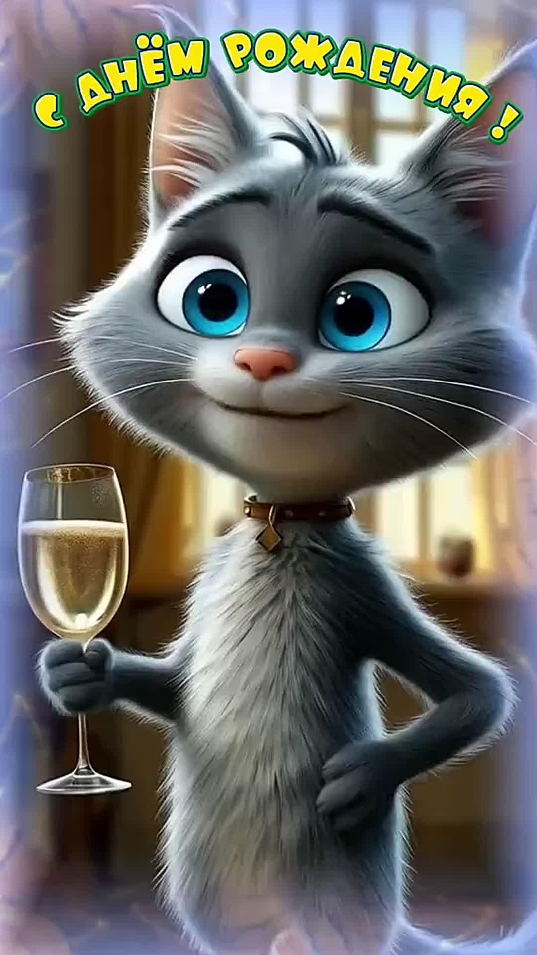 Открытка с днем рождения женщина прикольная. Милый котик с бокалом.