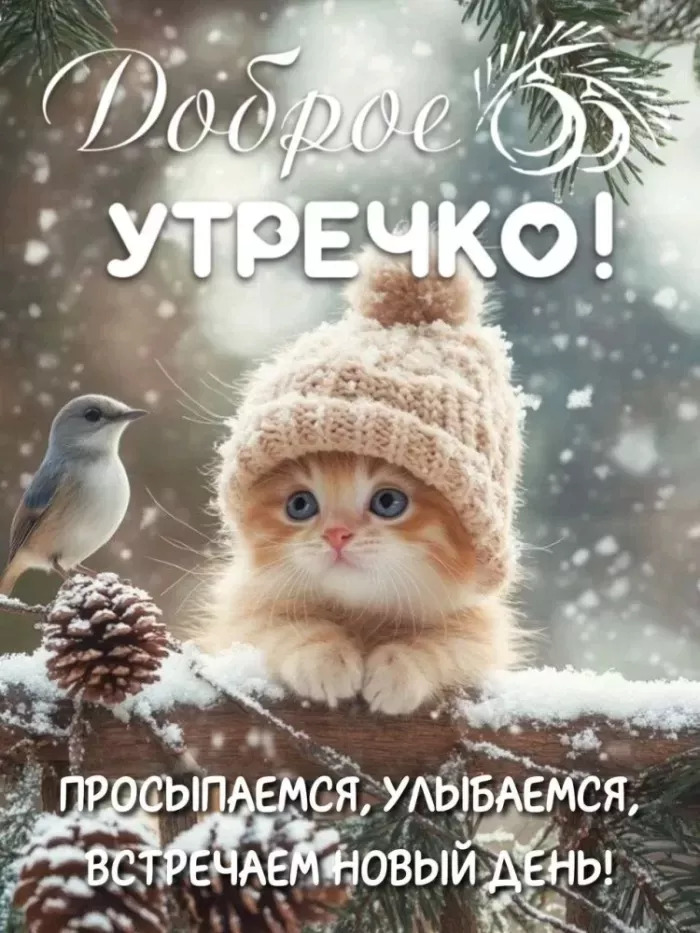 Открытка с добрым зимним утром. Котенок и птичка, снег.