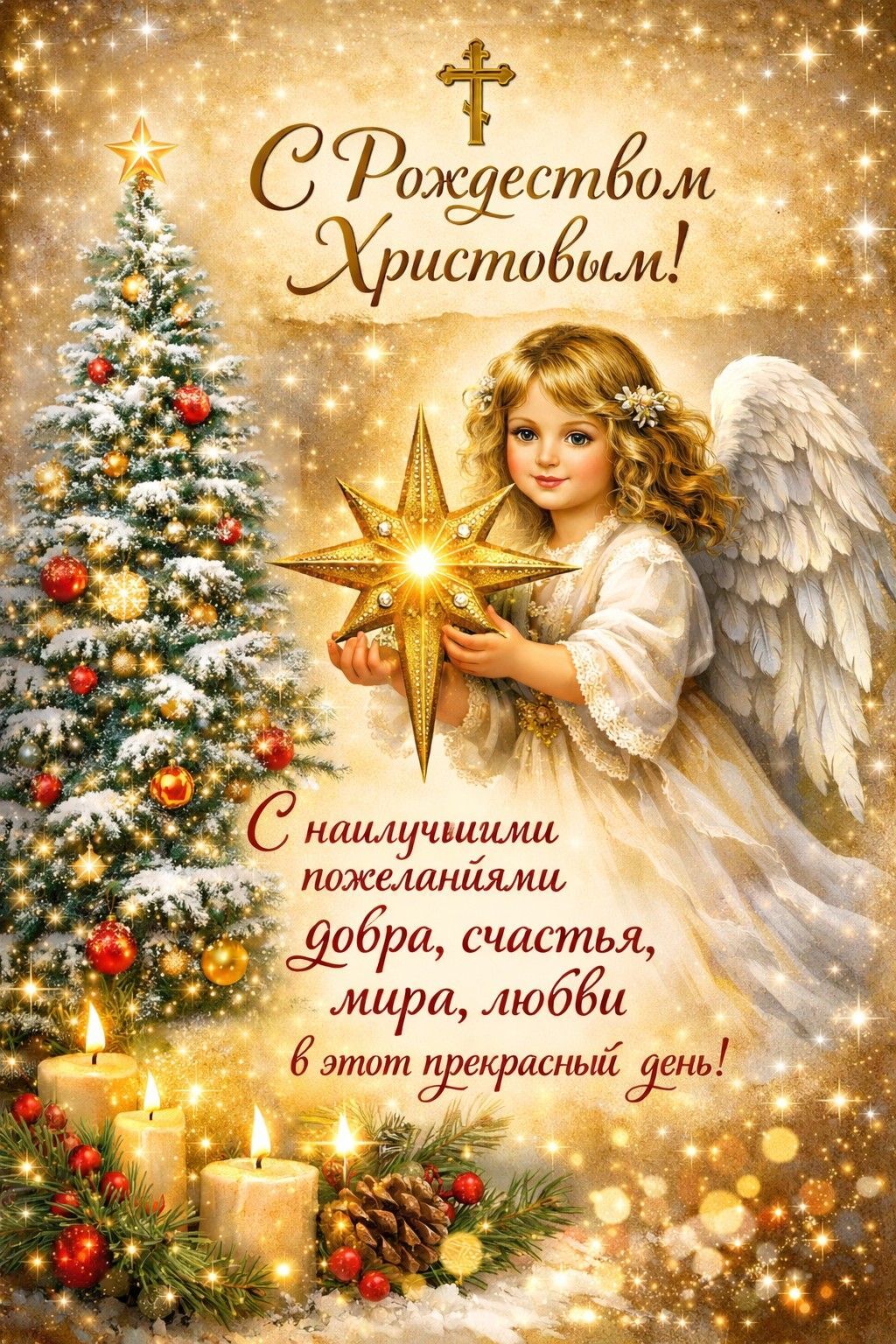 Открытка с Рождеством Христовым. Пожелания, ангел со звездой.