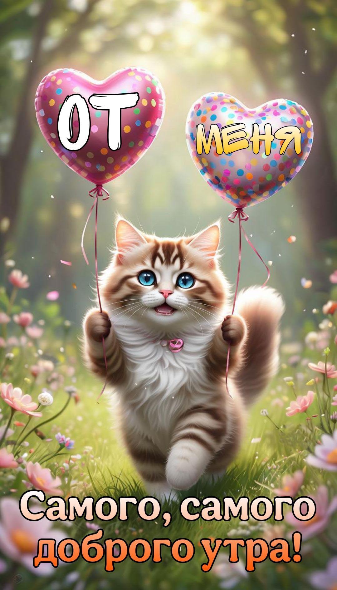 Открытка с добрым утром. Котик с сердечками.