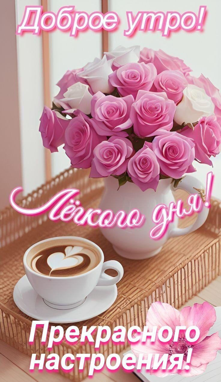 Открытка с добрым утром. Красивые цветы, кофе.