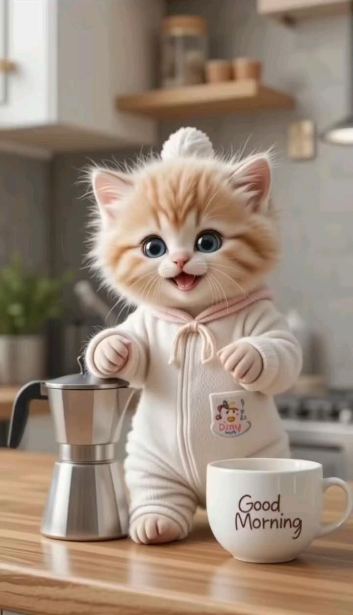 Открытка с добрым утром. Милый котик с кофе. Без текста.