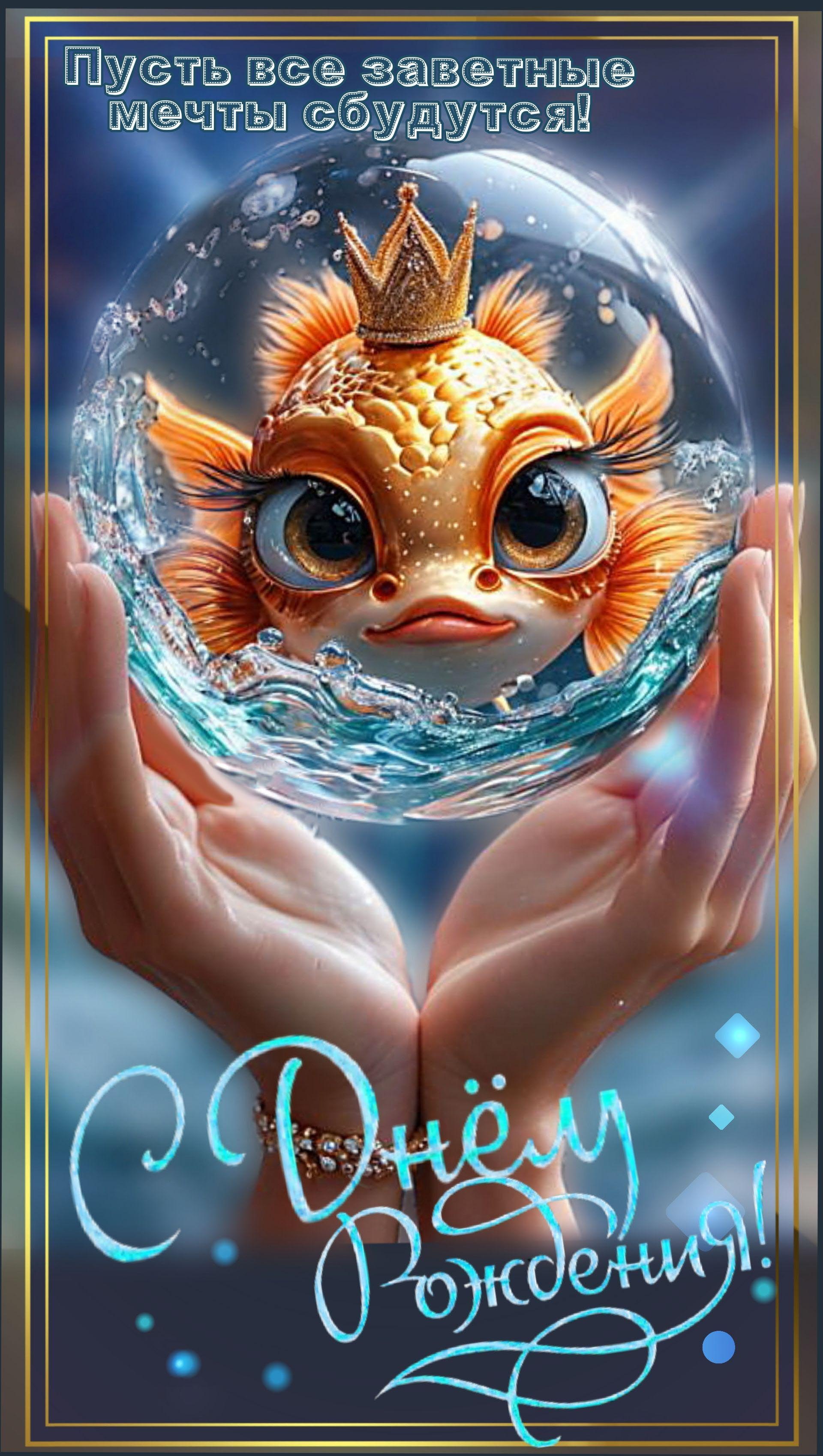 Открытка с днем рождения женщина. Пусть все заветные мечты сбудутся! Золотая рыбка в руках.