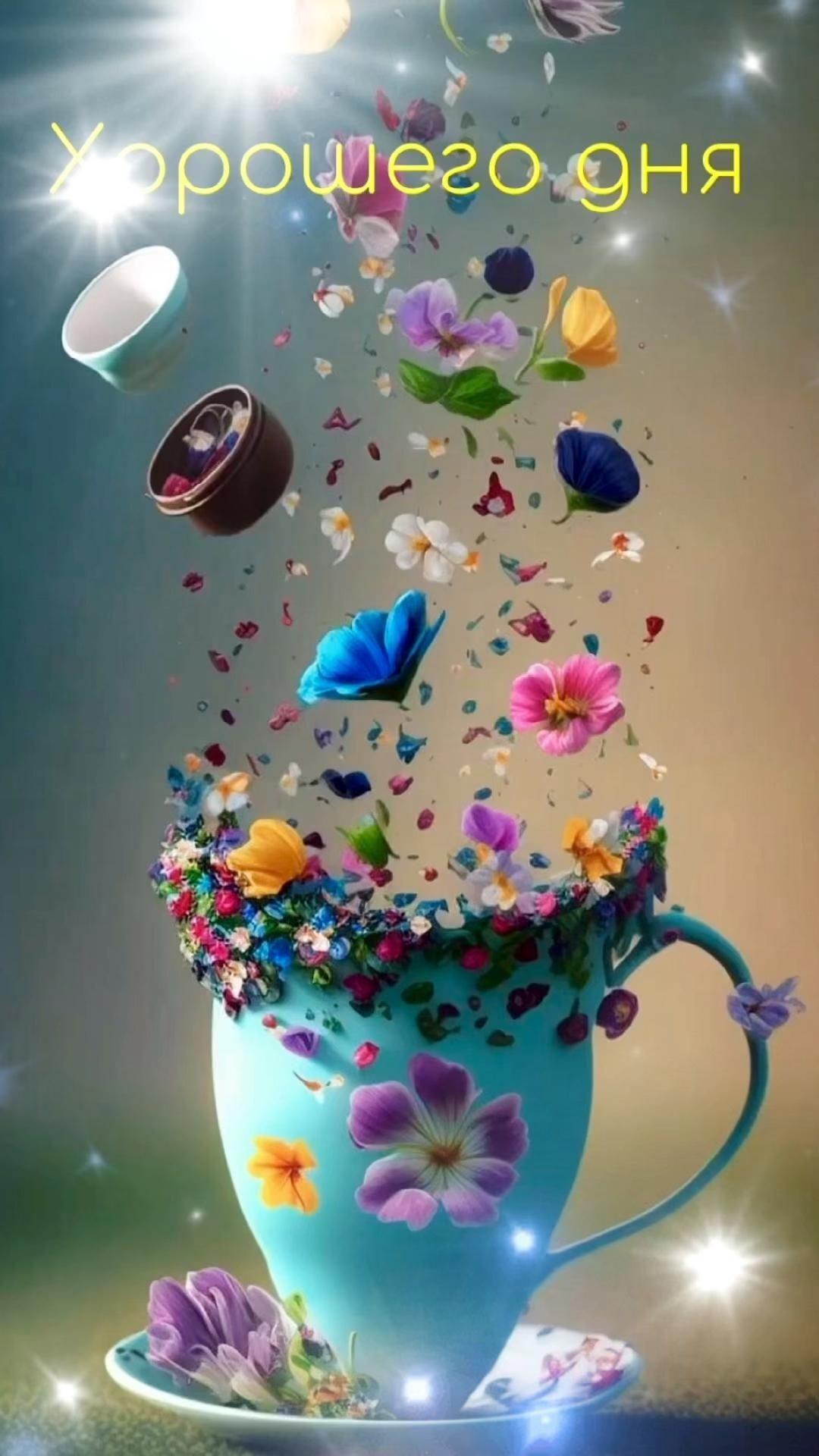 Открытка хорошего дня и настроения. Цветы, чашка.