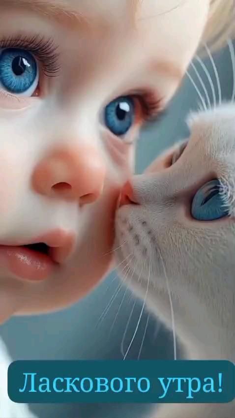 Открытка с добрым утром. Ласкового утра! Ребенок и котенок.