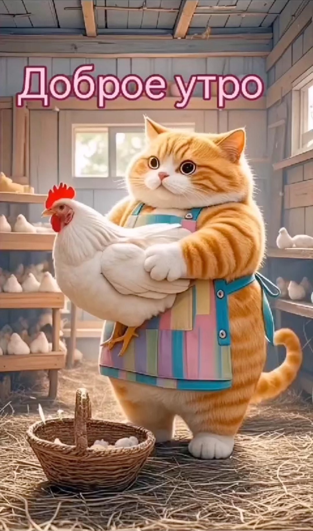 Открытка с добрым утром. Упитанный котик в курятнике.
