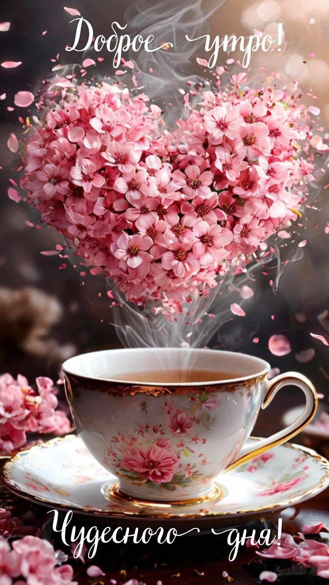 Открытка с добрым утром. Чашка, сердечко из цветов.