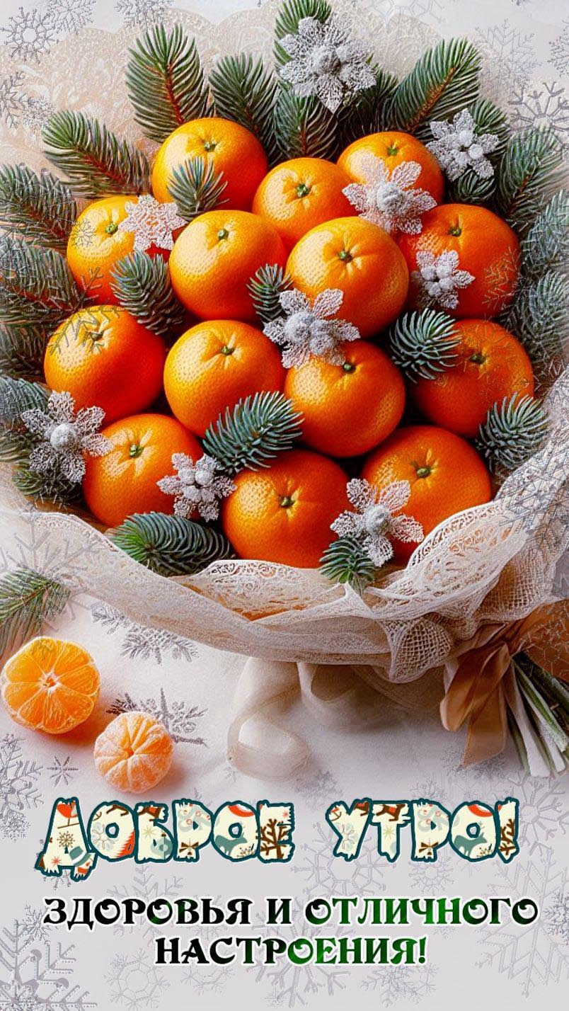 Открытка с добрым новогодним утром. Пожелания, еловые веточки и мандарины.