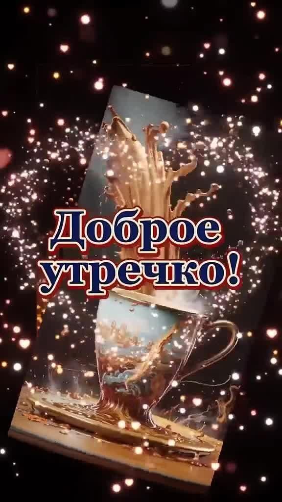 Открытка с добрым утром. Сердечко, чашка в движении.