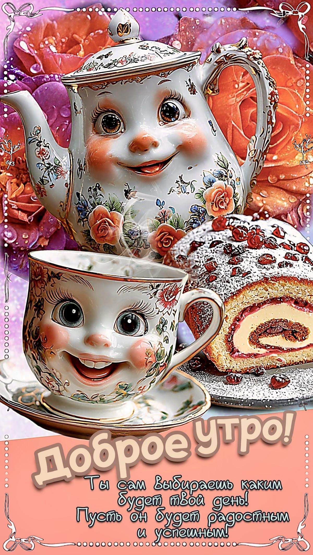 Открытка с добрым утром прикольная. Пожелания, чашки, сладости, цветы.