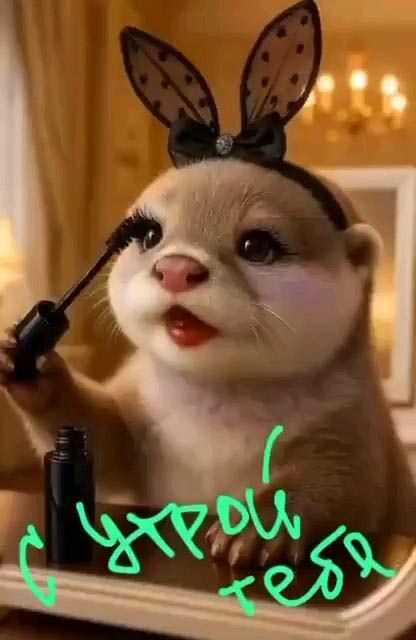 Открытка с добрым утром прикольная с юмором подруге. Смешной зверек красит ресницы.