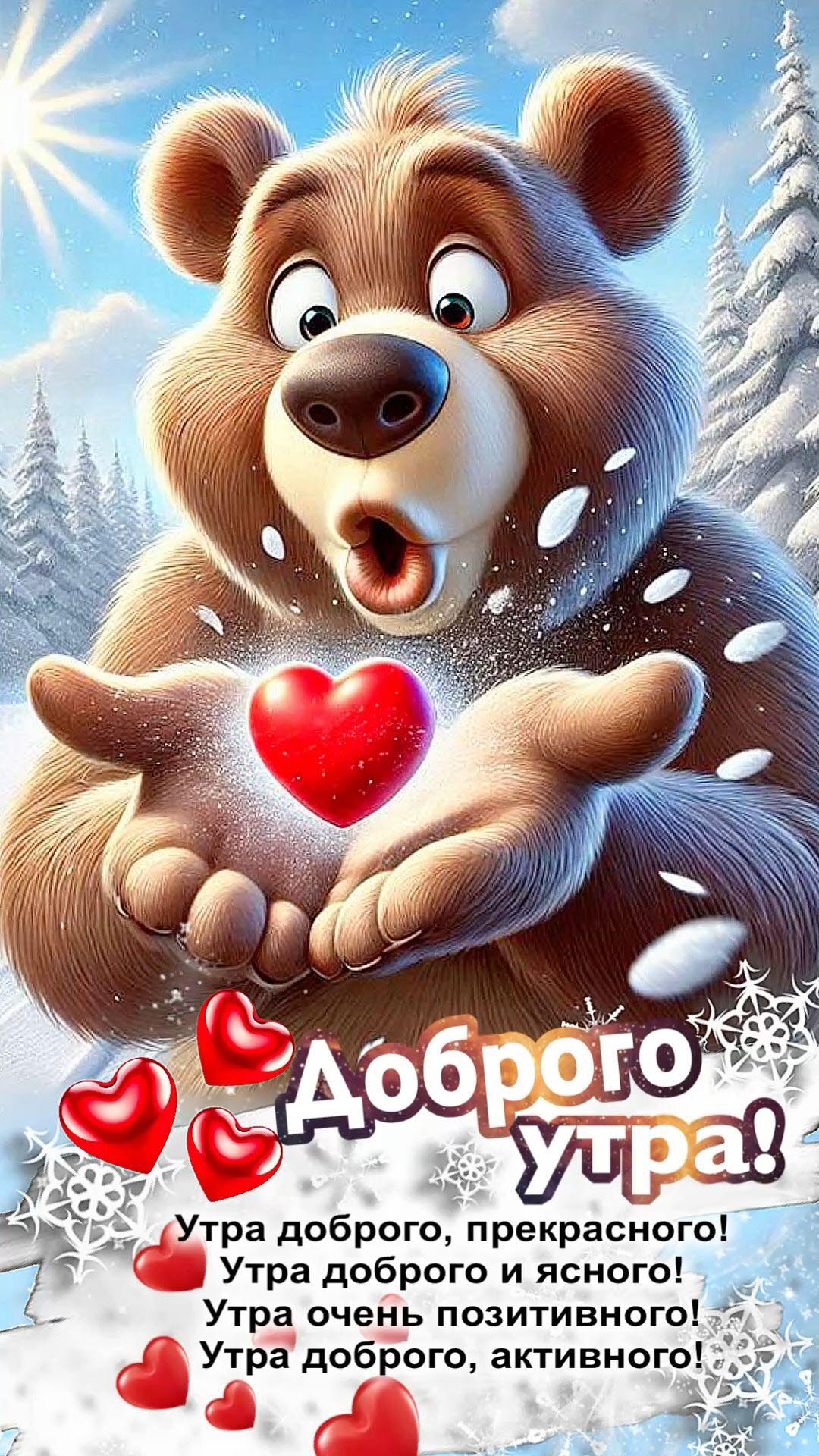 Открытка с добрым зимним утром прикольная. Медведь с сердечками, пожелания.