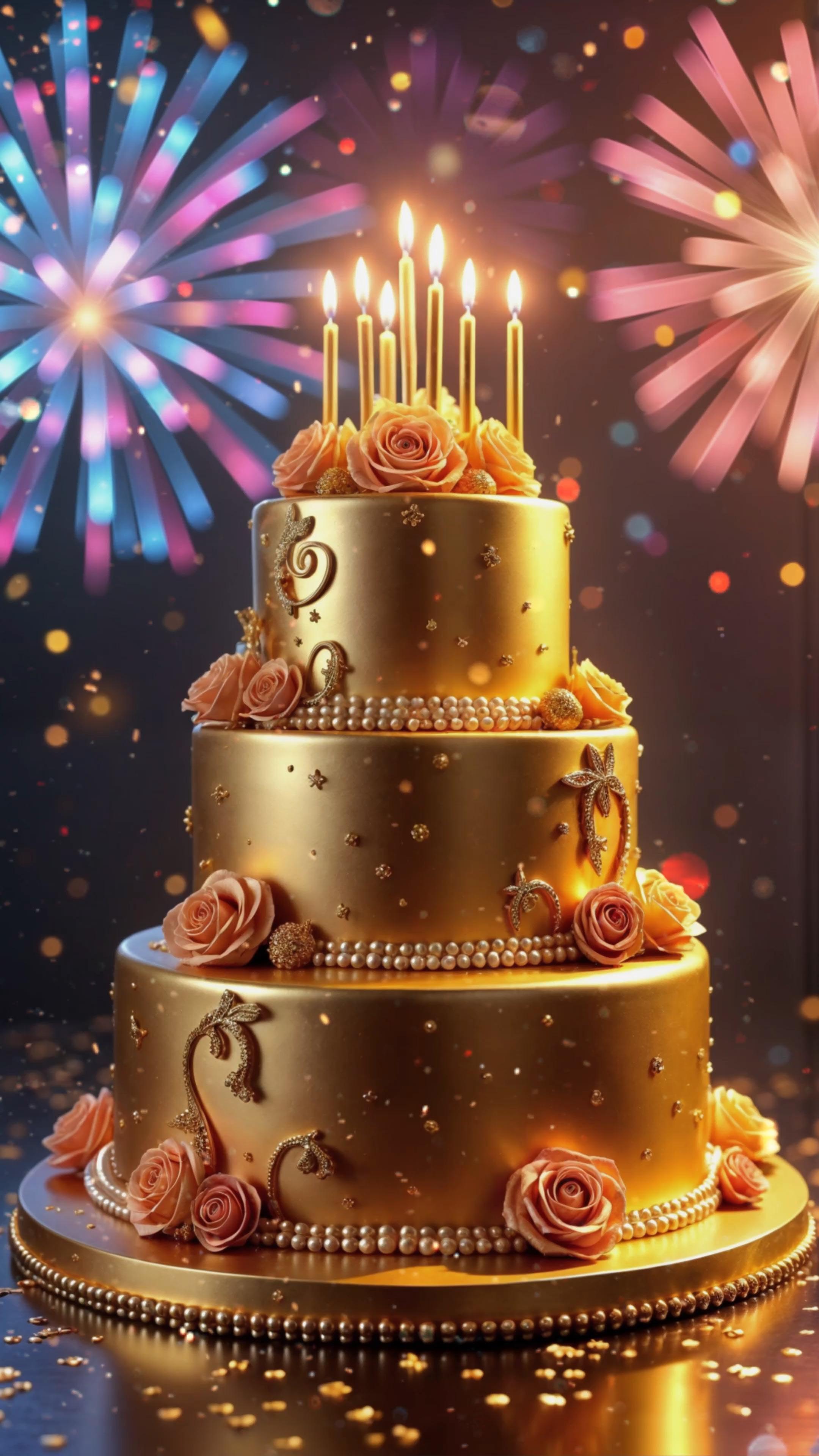 Открытка с днем рождения. Без текста. Торт и салюты.