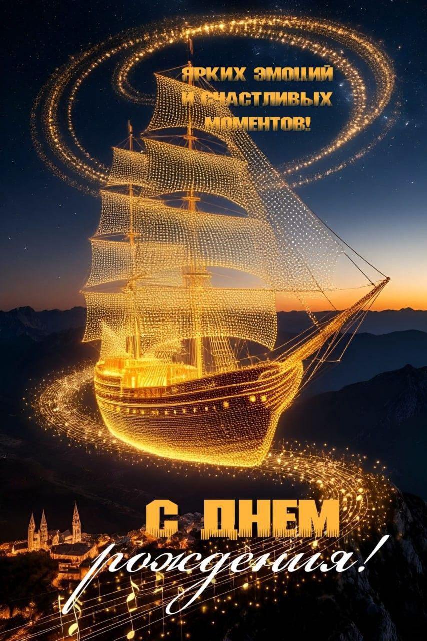 Открытка с днем рождения мужчина. Парусник и пожелания.