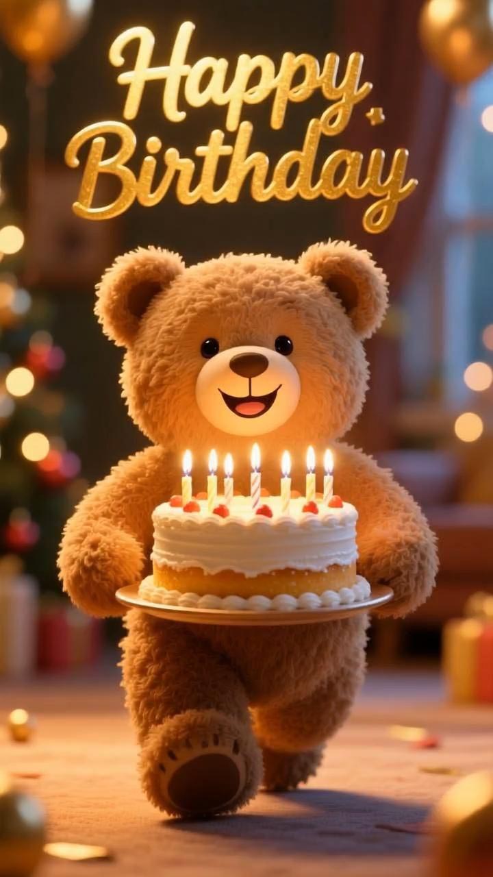 Открытка с днем рождения. Мишка с тортом. Happy Birthday.